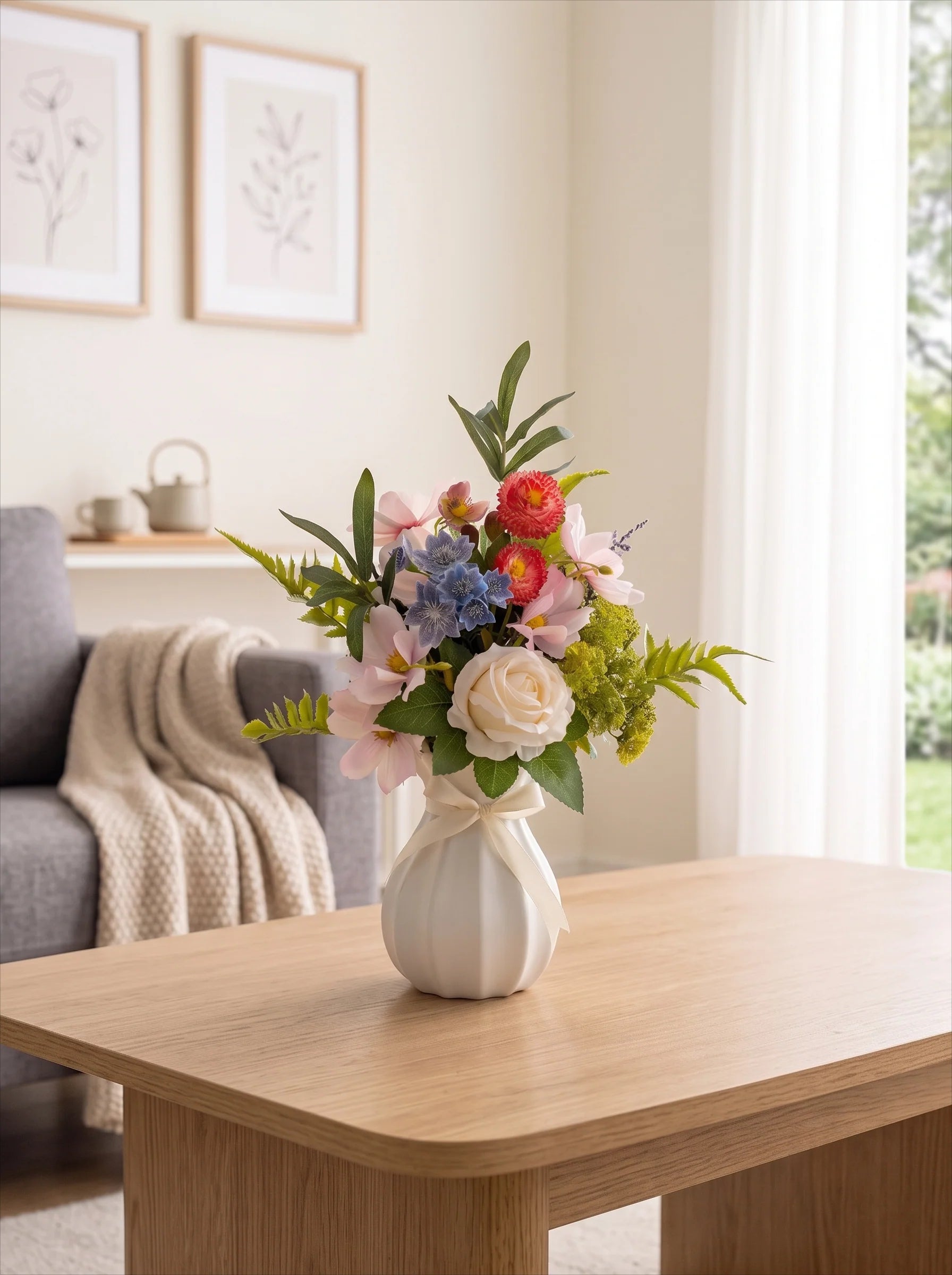 Arrangement floral artificiel multicolore fleurs mélangées avec rose blanche et verdure