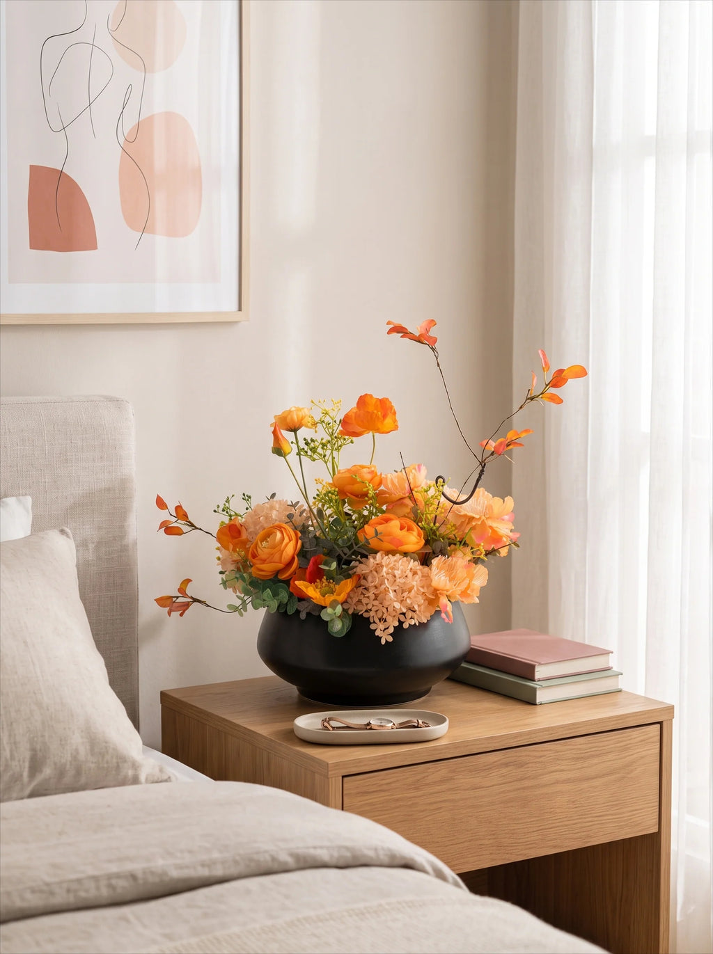 Warm Autumnal Sunset Poppy Asian Zen Artificial Floral Arrangement