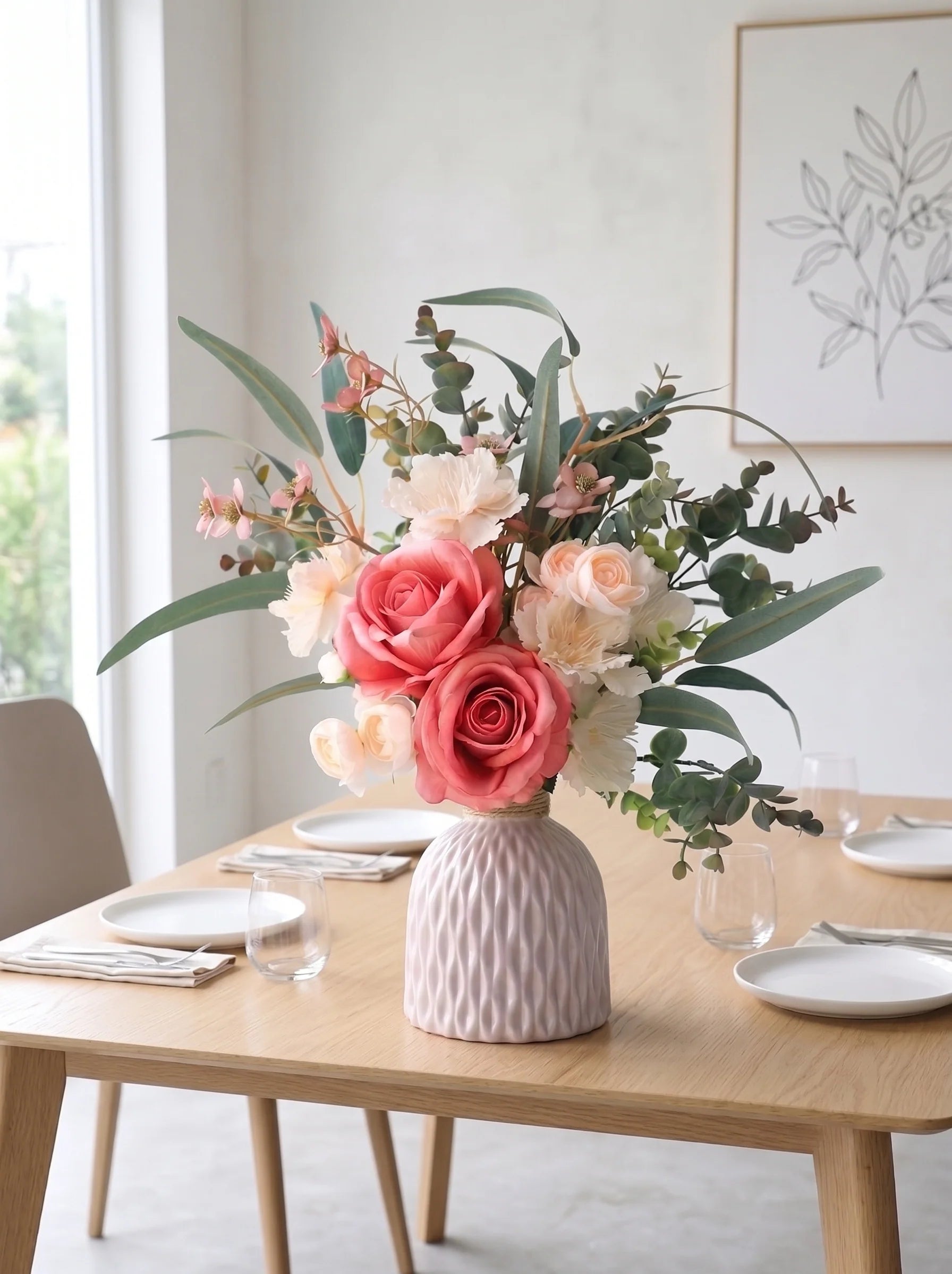 Chic Nordic Dusty Pink Rose & Eucalyptus Artificial Floral Arrangement