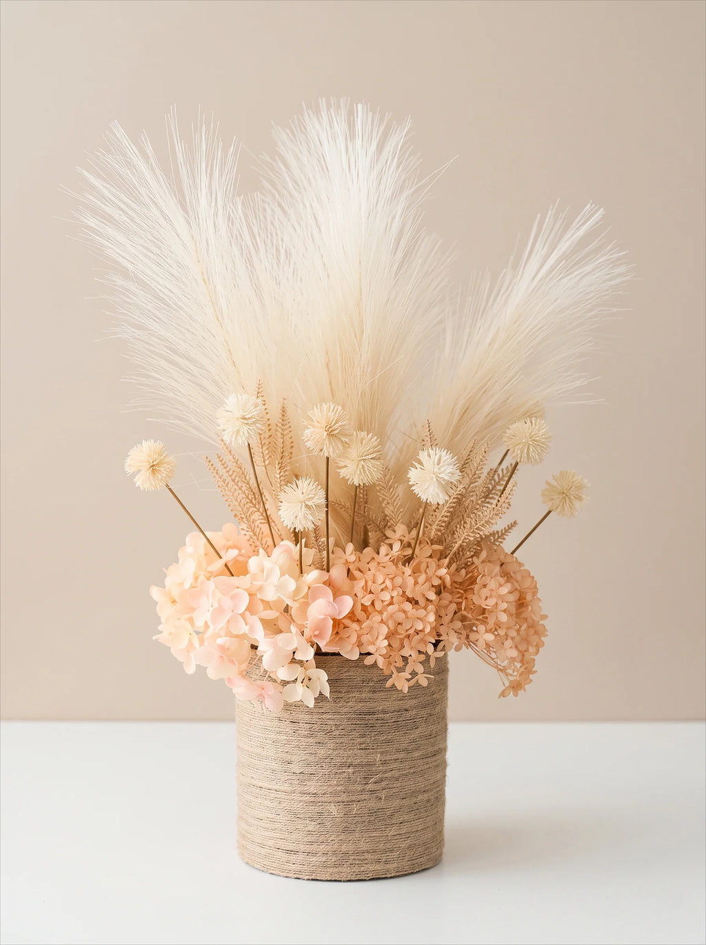 Modern Boho Creamy Pampas & Hydrangea Artificial Floral Arrangement