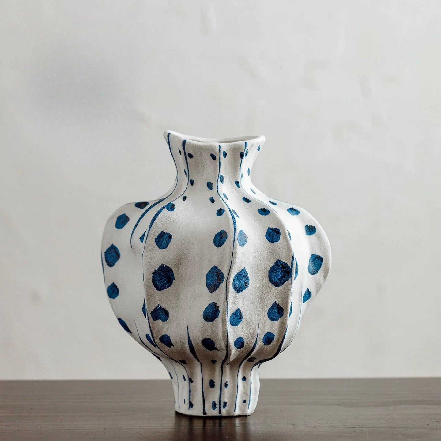 Elegant Sculptural Blue Polka-Dot Ceramic Vase