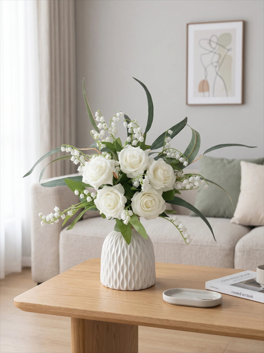 Pure Elegant White Rose & Lily of the Valley Artificial Floral Arrangement