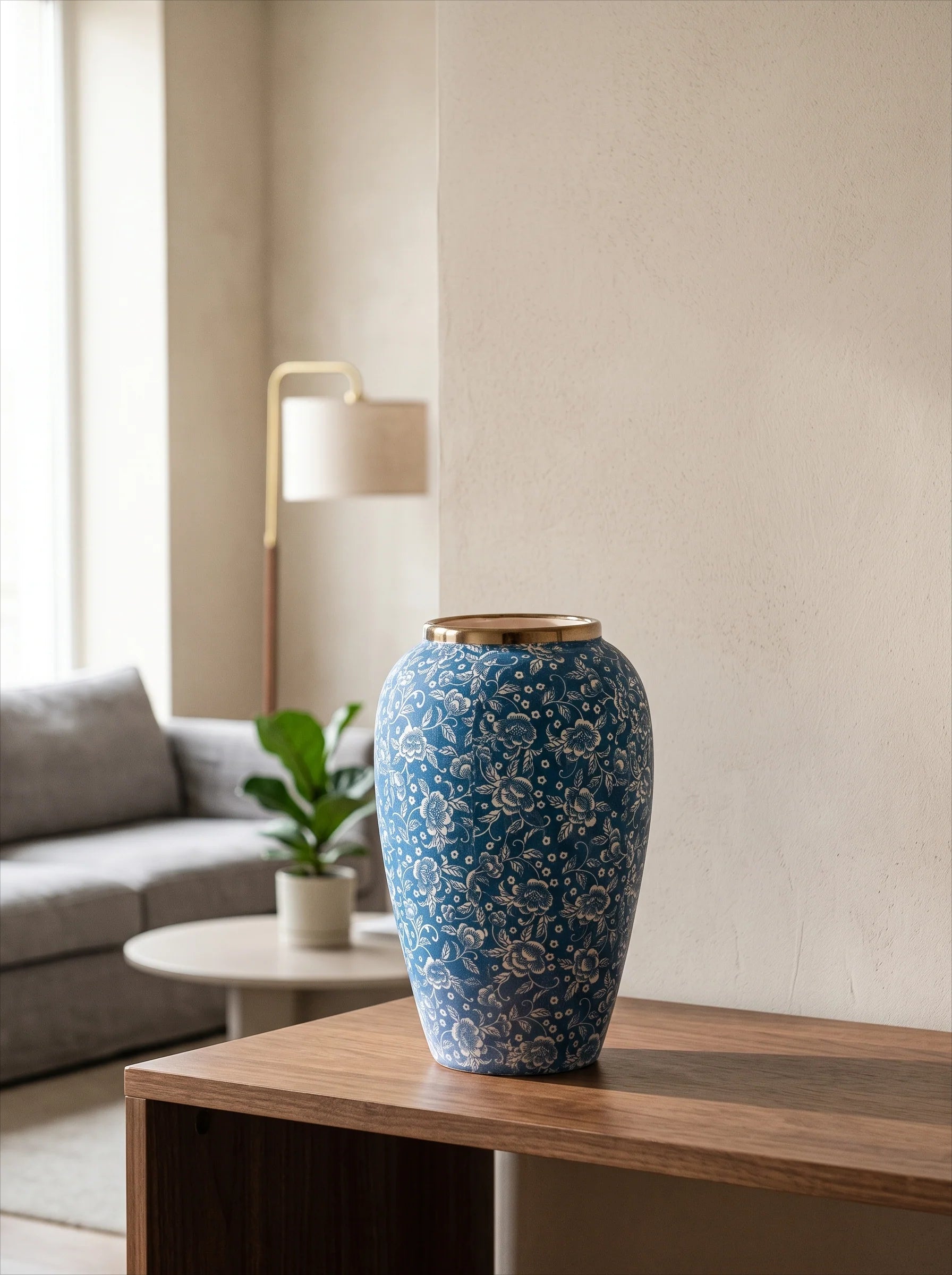 Classic Gilded Blue and White Floral Stoneware Vase