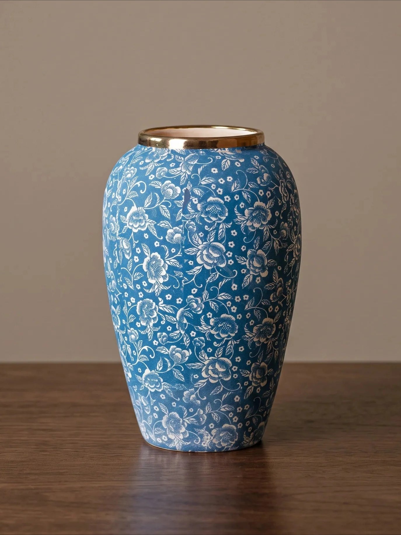 Classic Gilded Blue and White Floral Stoneware Vase