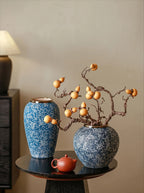 Classic Gilded Blue and White Floral Stoneware Vase