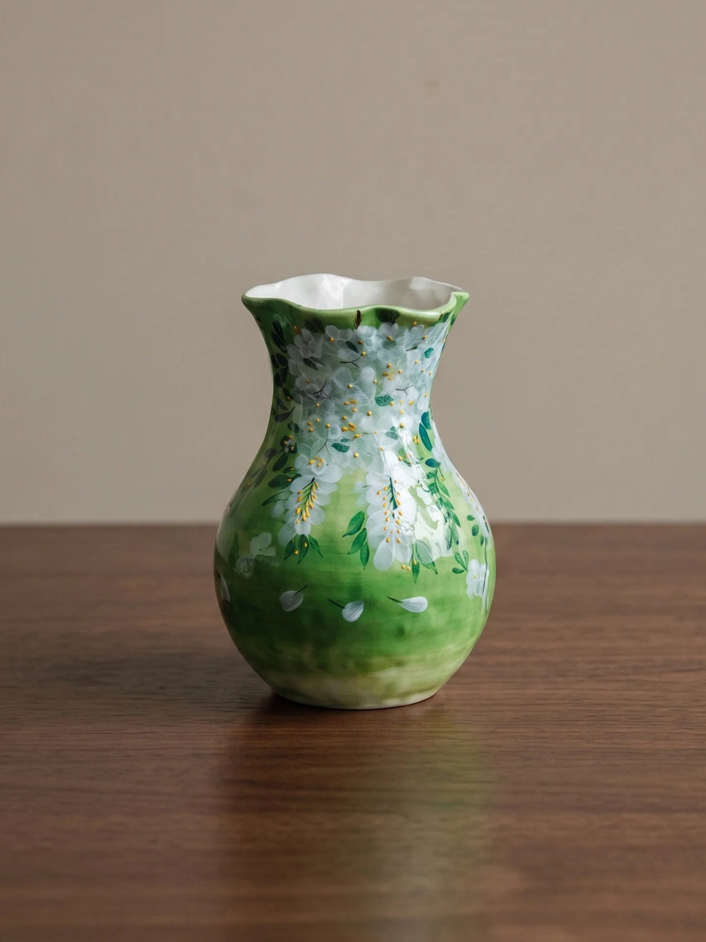 Vintage Hand-painted Emerald Green Fluted Ceramic Vase
