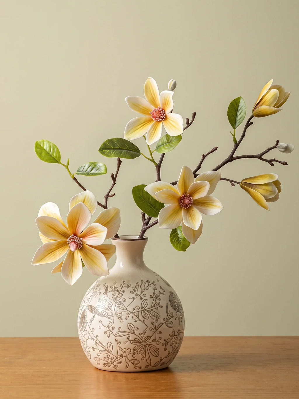 Vintage Yellow Magnolia Faux Floral Arrangement with Vase
