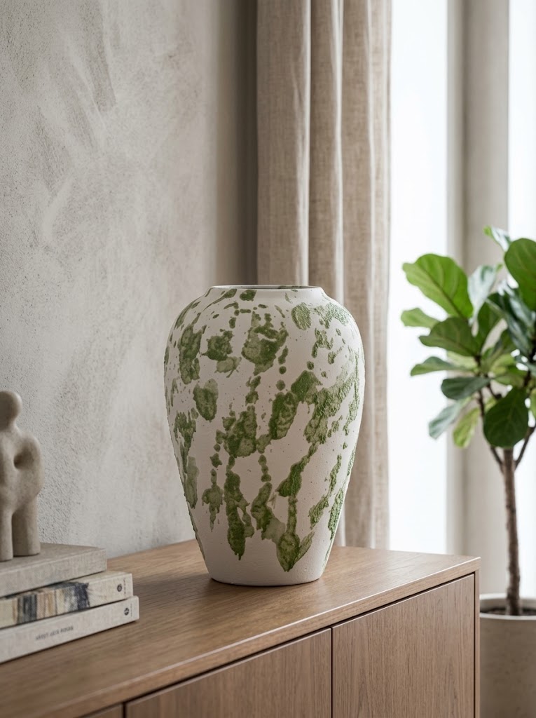 Artisanal Green Splatter White Vase