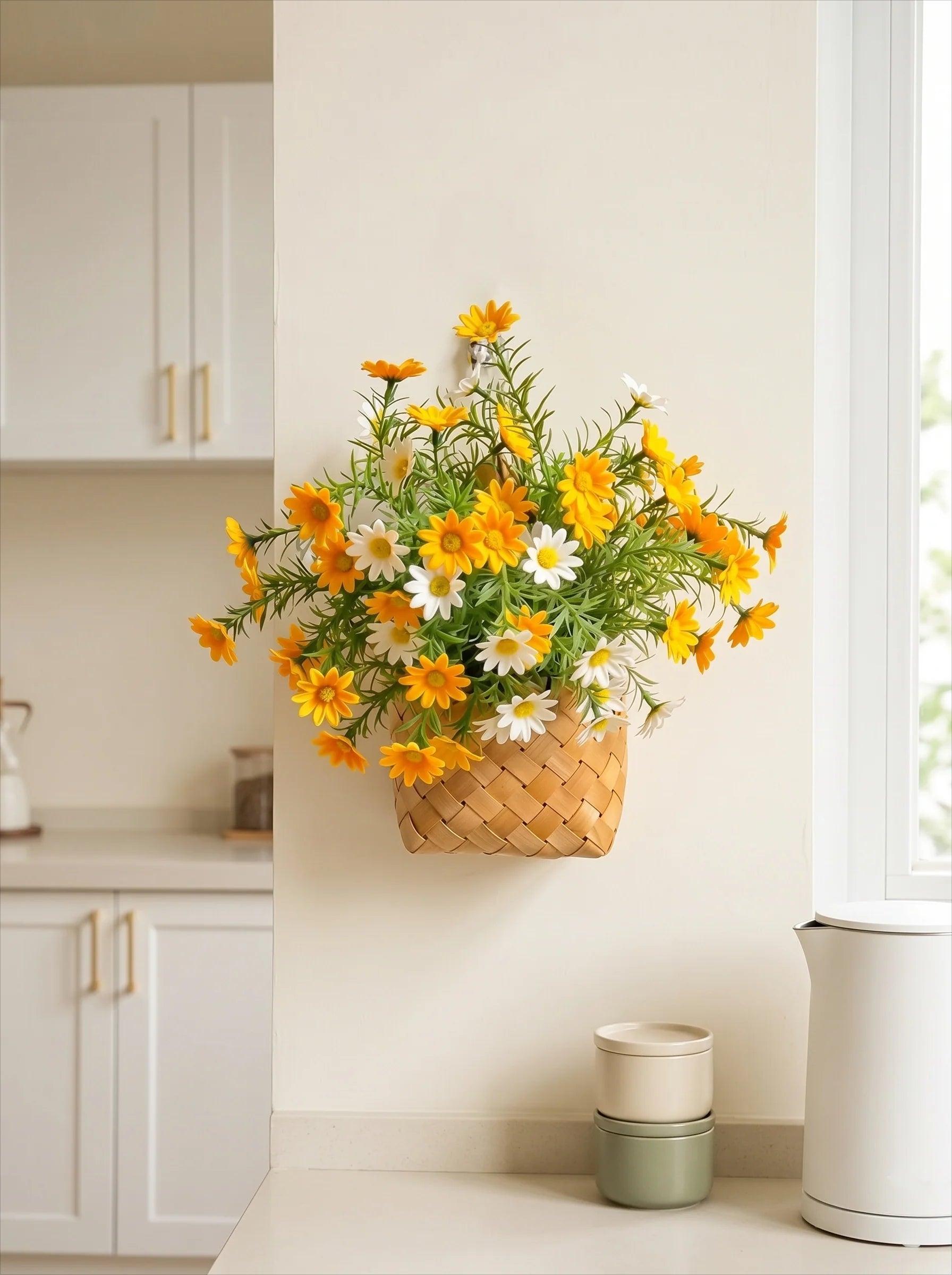 Sunlit Daisy & Chamomile Faux Floral Basket Arrangement