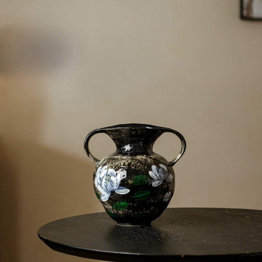 Hand-Painted White Lotus Two-Handled Vase
