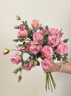 Künstliches Blumenarrangement - Pinke Rose & Grünpflanzen (4 Stiele)