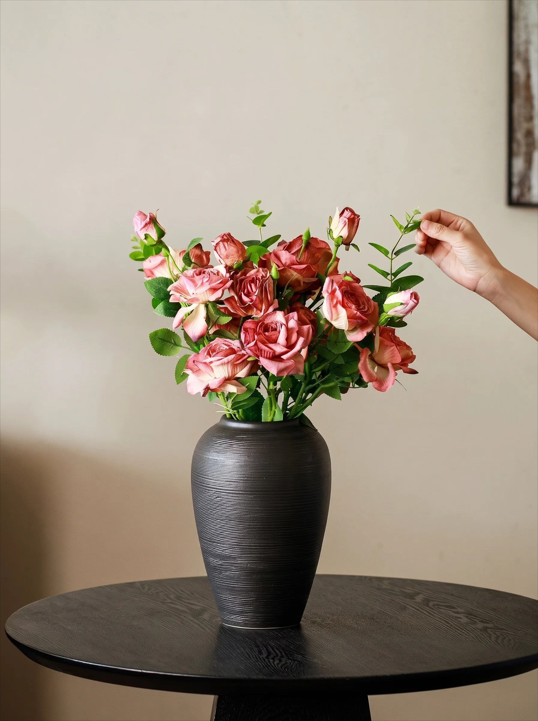 Modern Minimalist Ribbed Charcoal Black Ceramic Vase