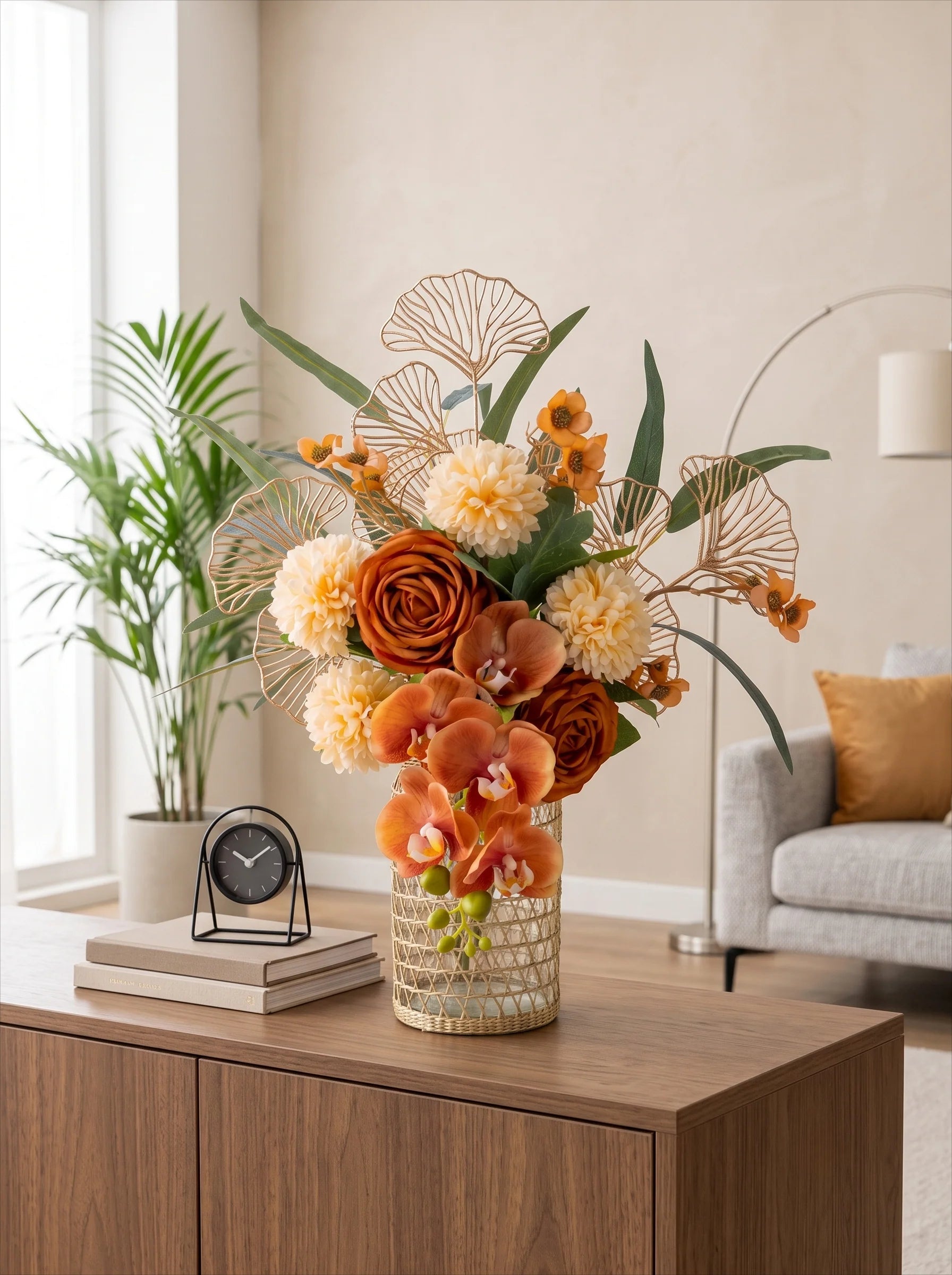 Luxury Mid-Century Amber Orchid Artificial Floral Arrangement