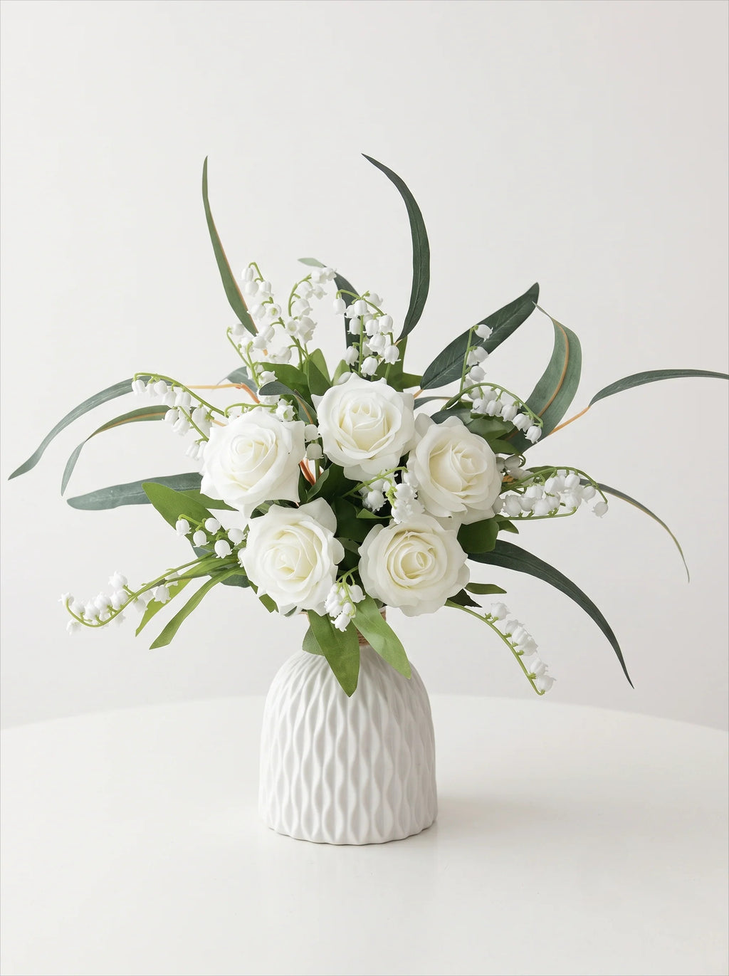 Pure Elegant White Rose & Lily of the Valley Artificial Floral Arrangement