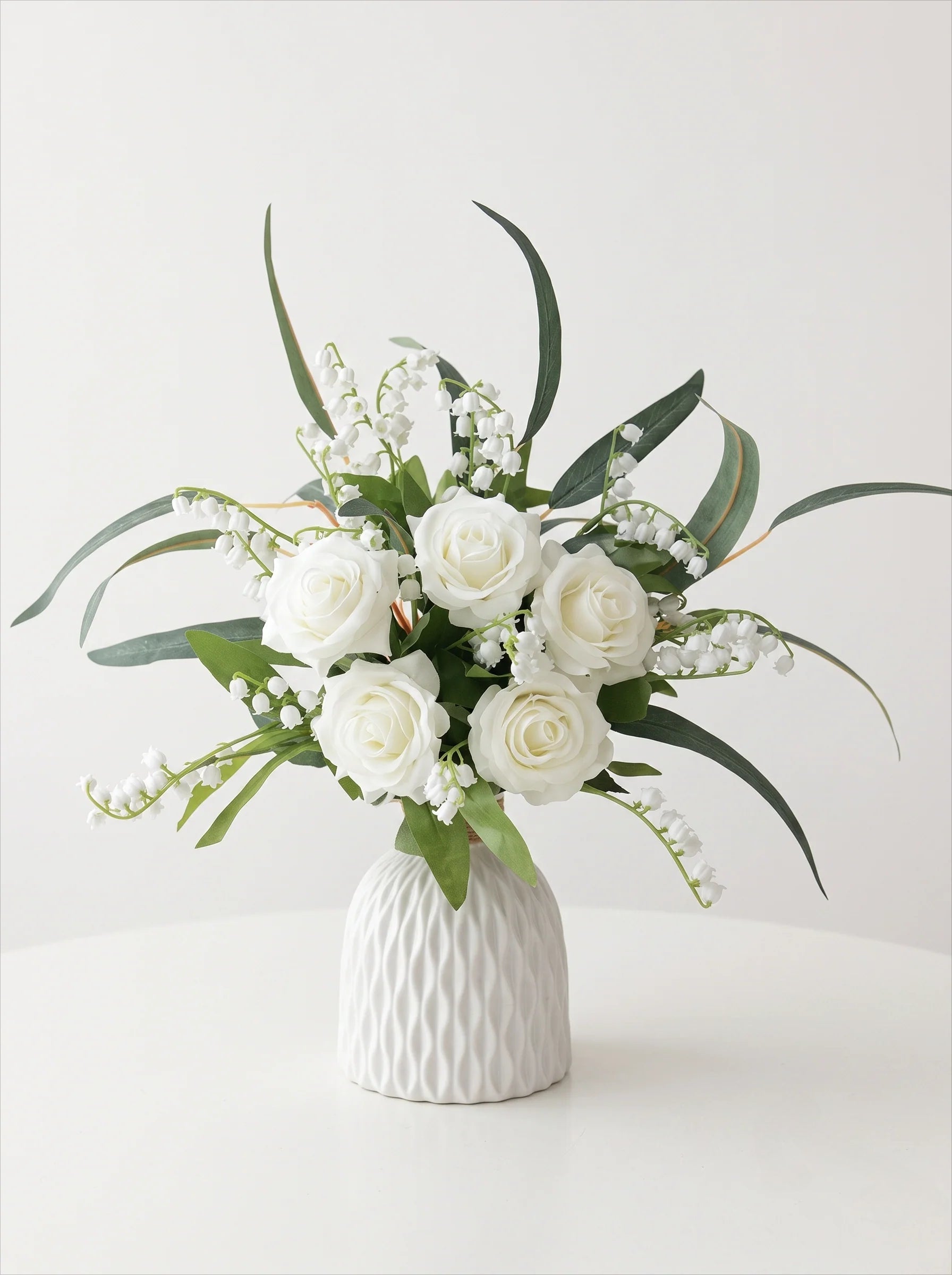 Pure Elegant White Rose & Lily of the Valley Artificial Floral Arrangement