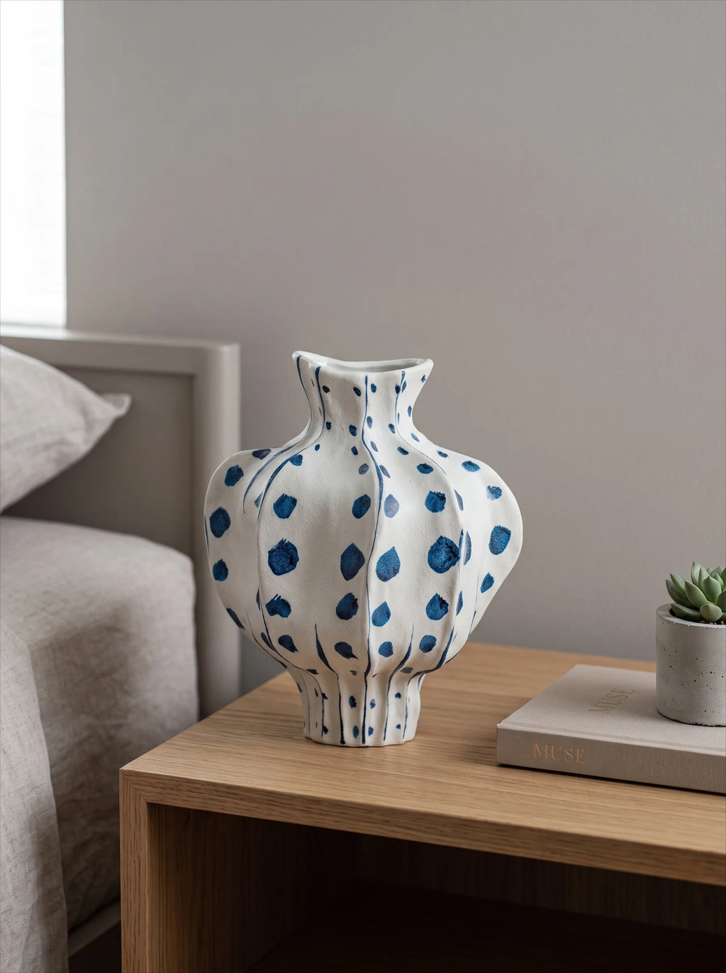 Elegant Sculptural Blue Polka-Dot Ceramic Vase