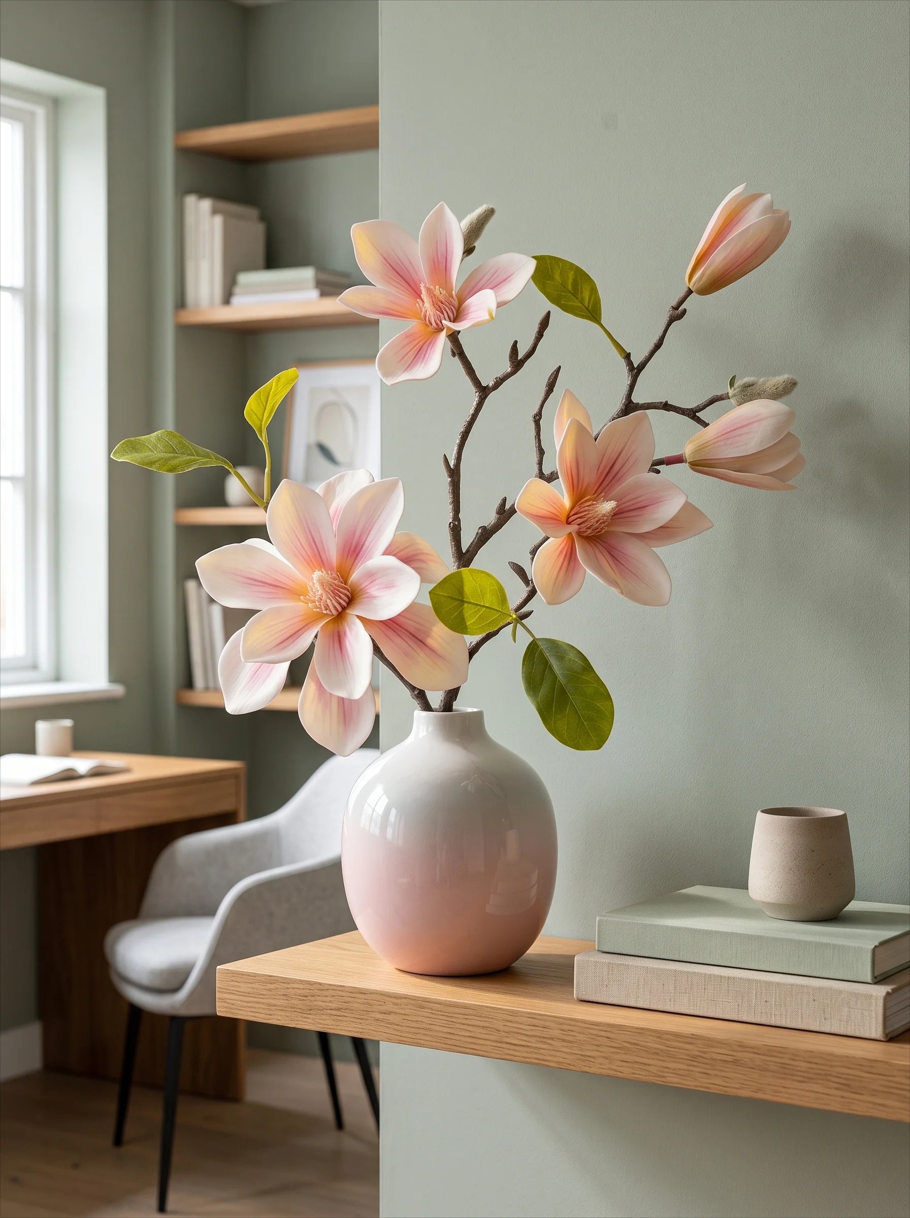 Vintage Yellow Magnolia Faux Floral Arrangement with Vase