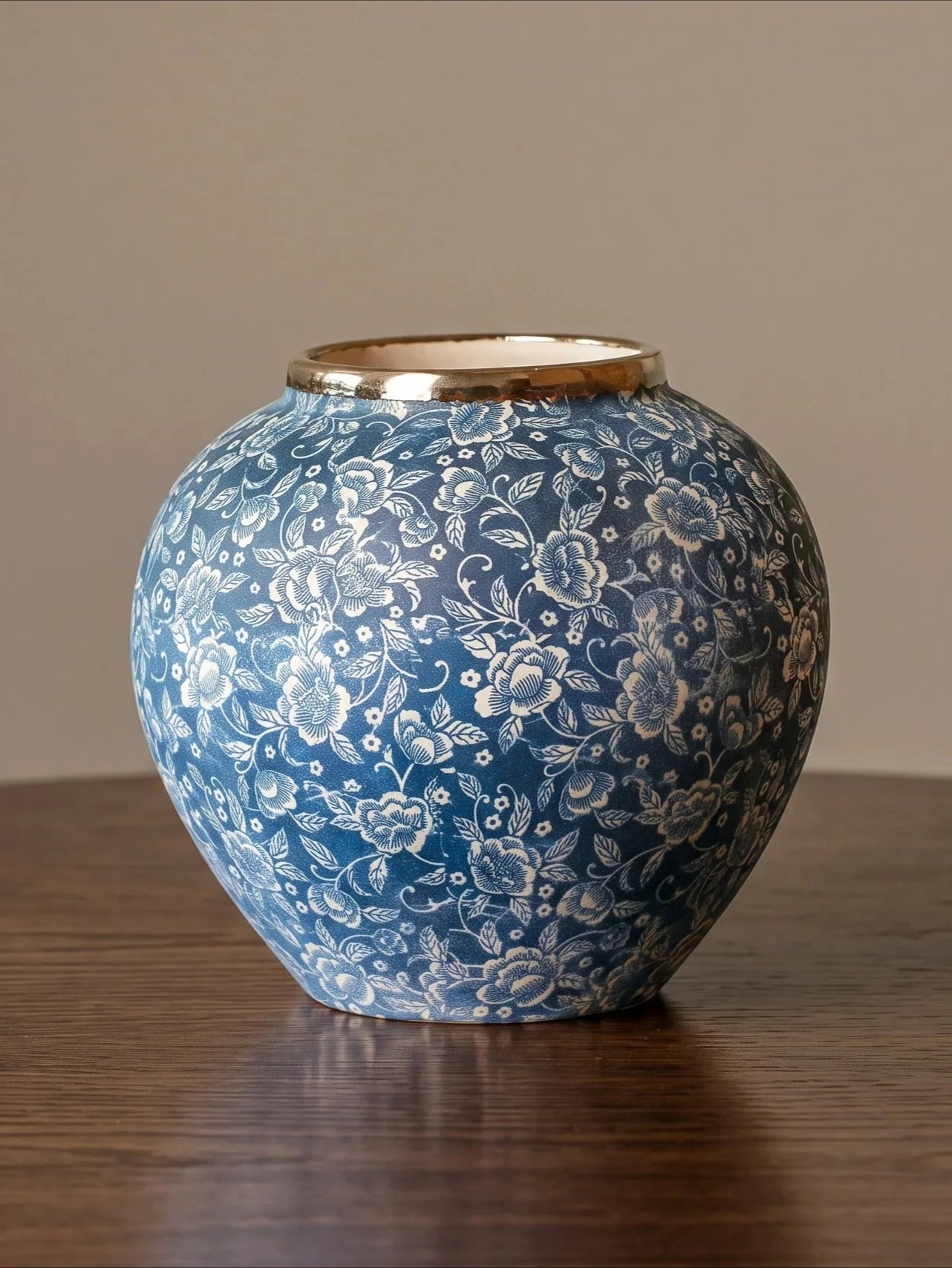 Classic Gilded Blue and White Floral Stoneware Vase