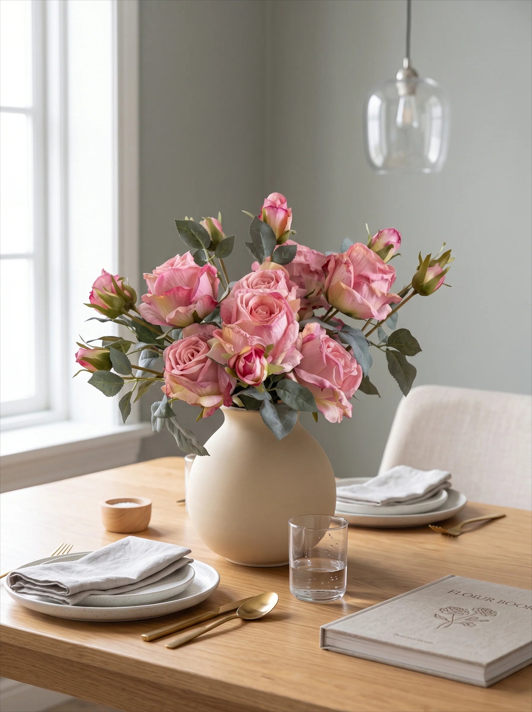 Künstliches Blumenarrangement - Pinke Rose & Grünpflanzen (4 Stiele)