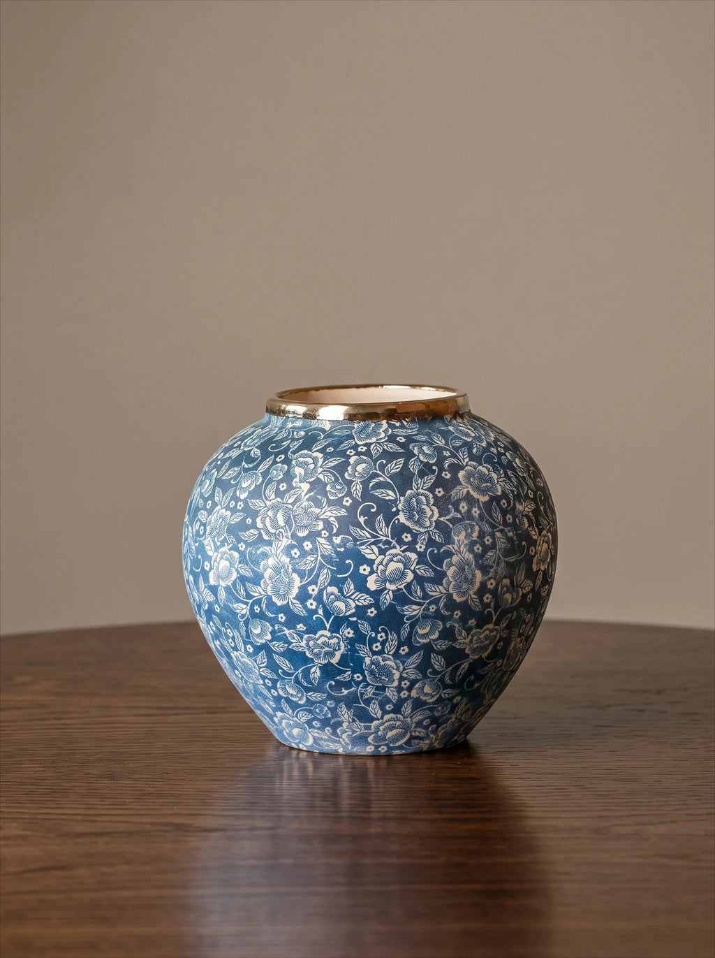 Classic Gilded Blue and White Floral Stoneware Vase