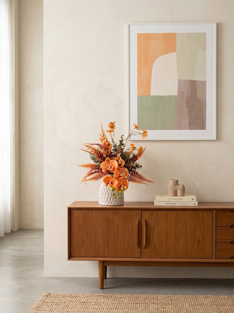 Autumn Terracotta Orange Orchid Botanical Faux Floral Arrangement