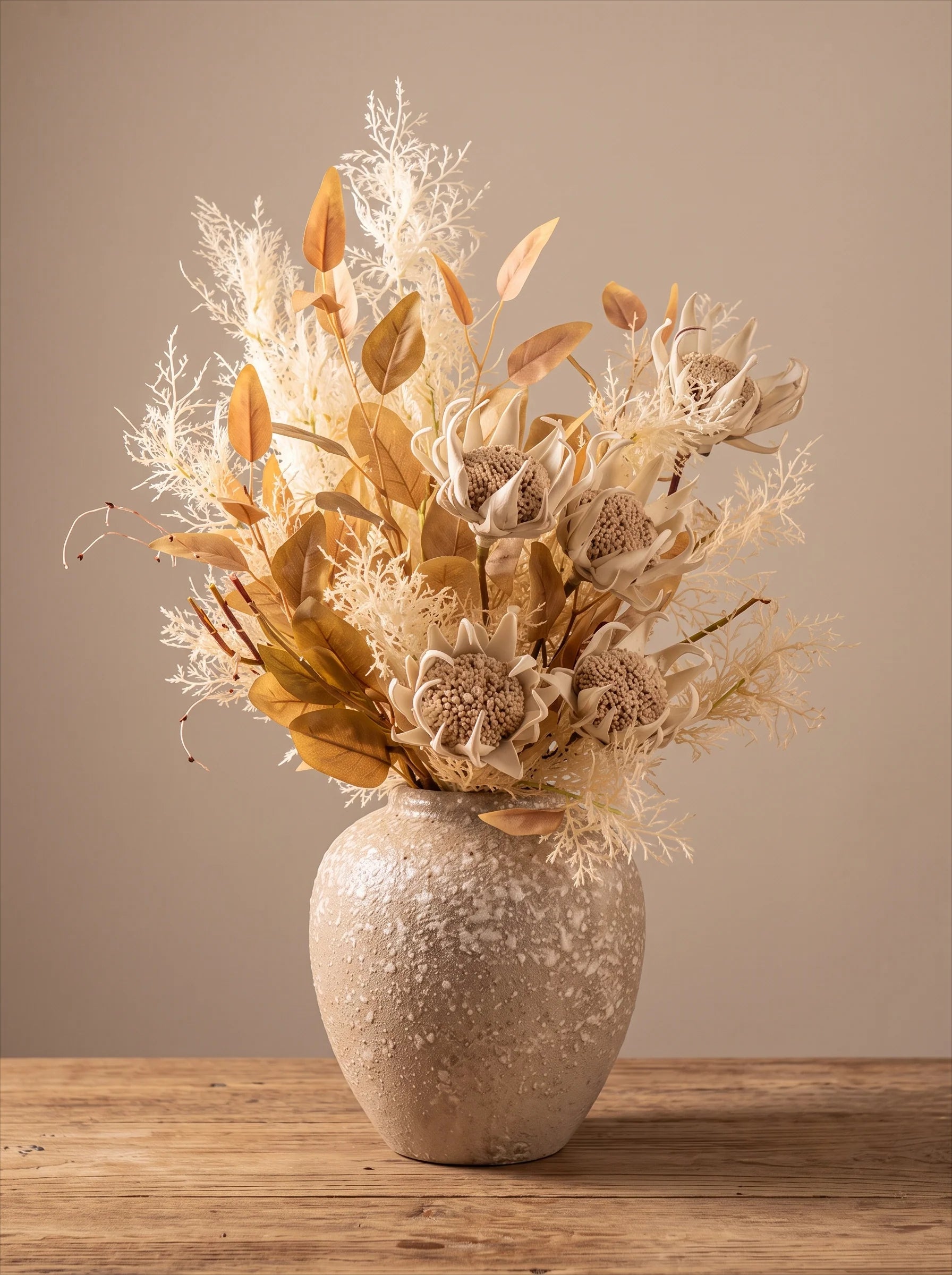 Faux Floral Arrangement - Neutral Tones Protea & Foliage