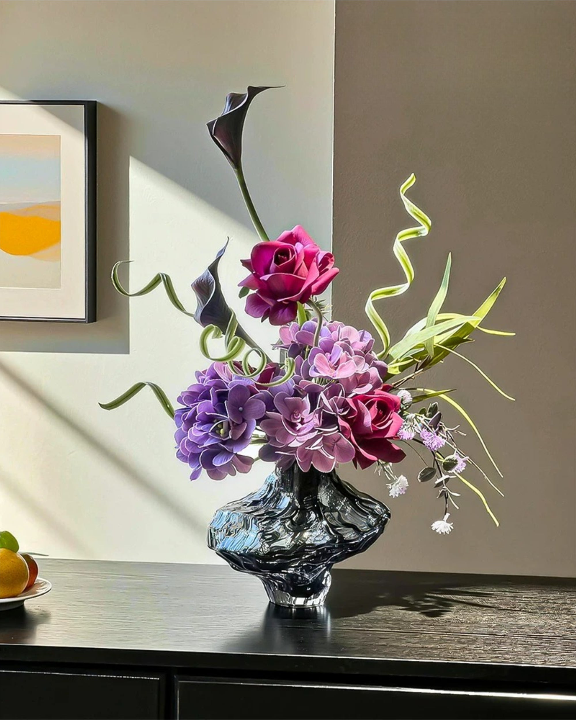 Arrangement floral artificiel Hortensia et Rose Violet Sombre