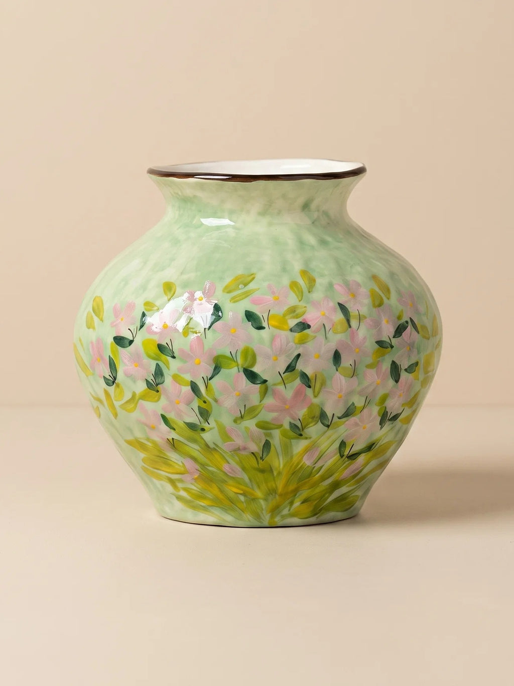 Impressionist Floral Hand-painted Green Ceramic Vase