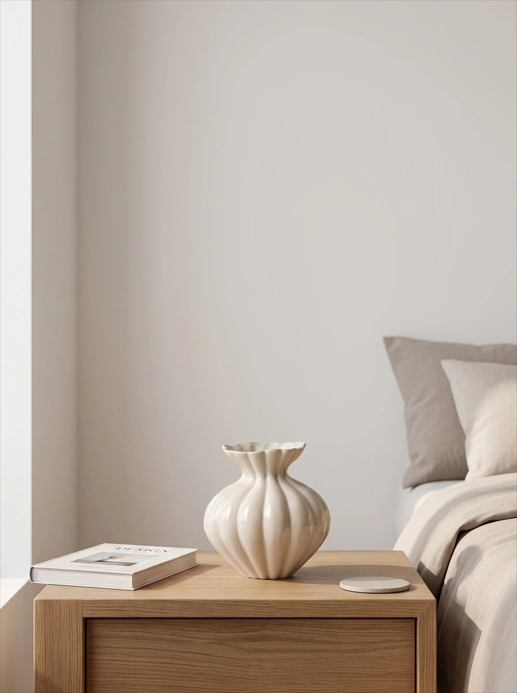 Elegant French Cream Fluted Ceramic Vase