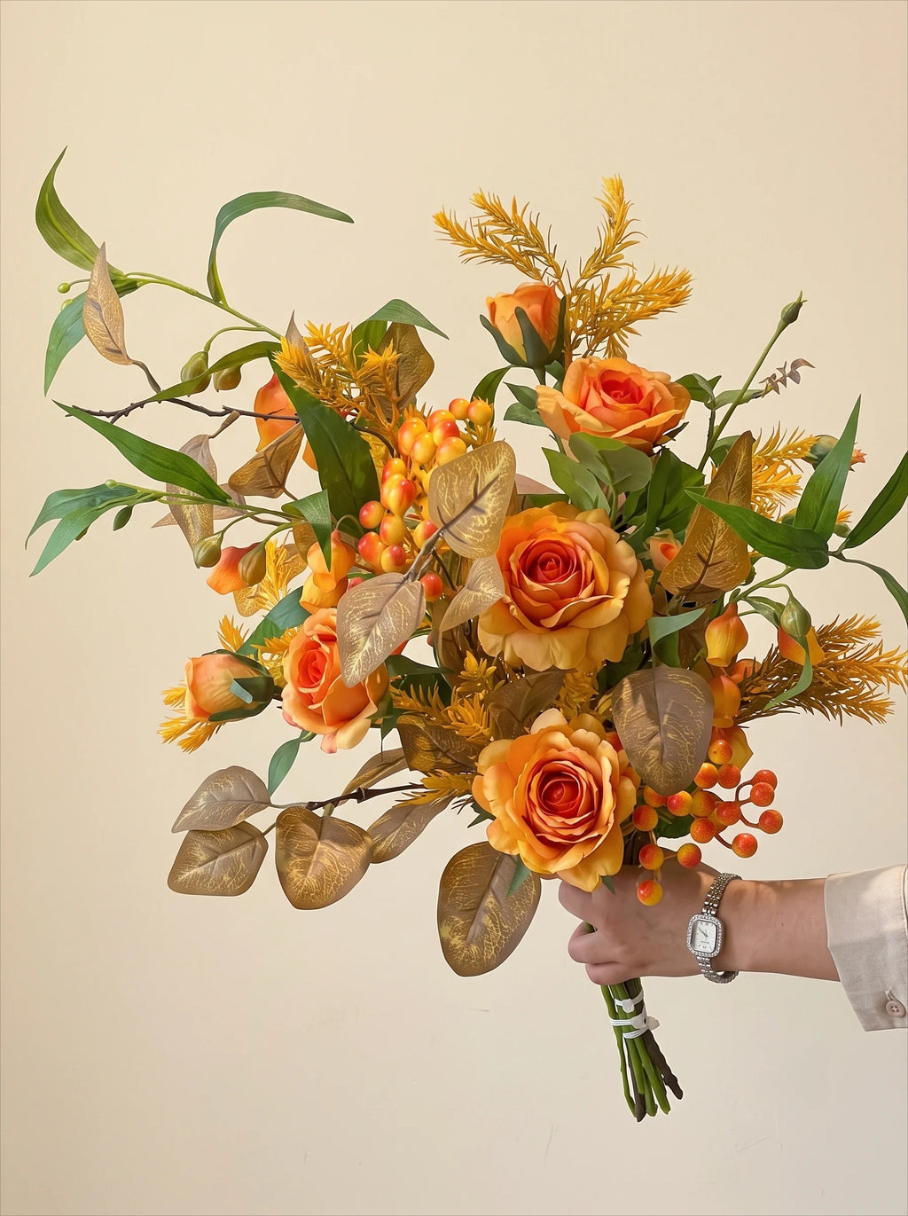 Arrangement floral artificiel Rose Ambre d’Automne Vintage et Baies