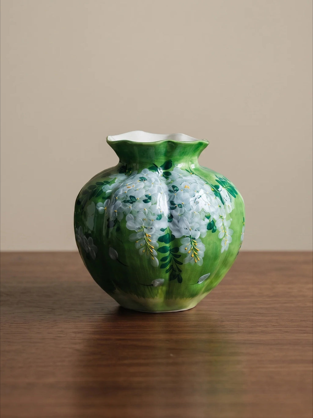 Vintage Hand-painted Emerald Green Fluted Ceramic Vase