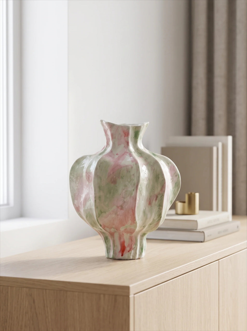 Artistic Watercolor Glaze Fluted Ceramic Vase