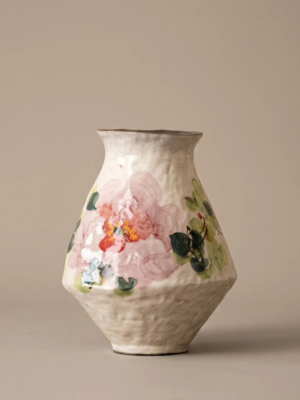 Vintage Chinoiserie Peony Painted Stoneware Vase