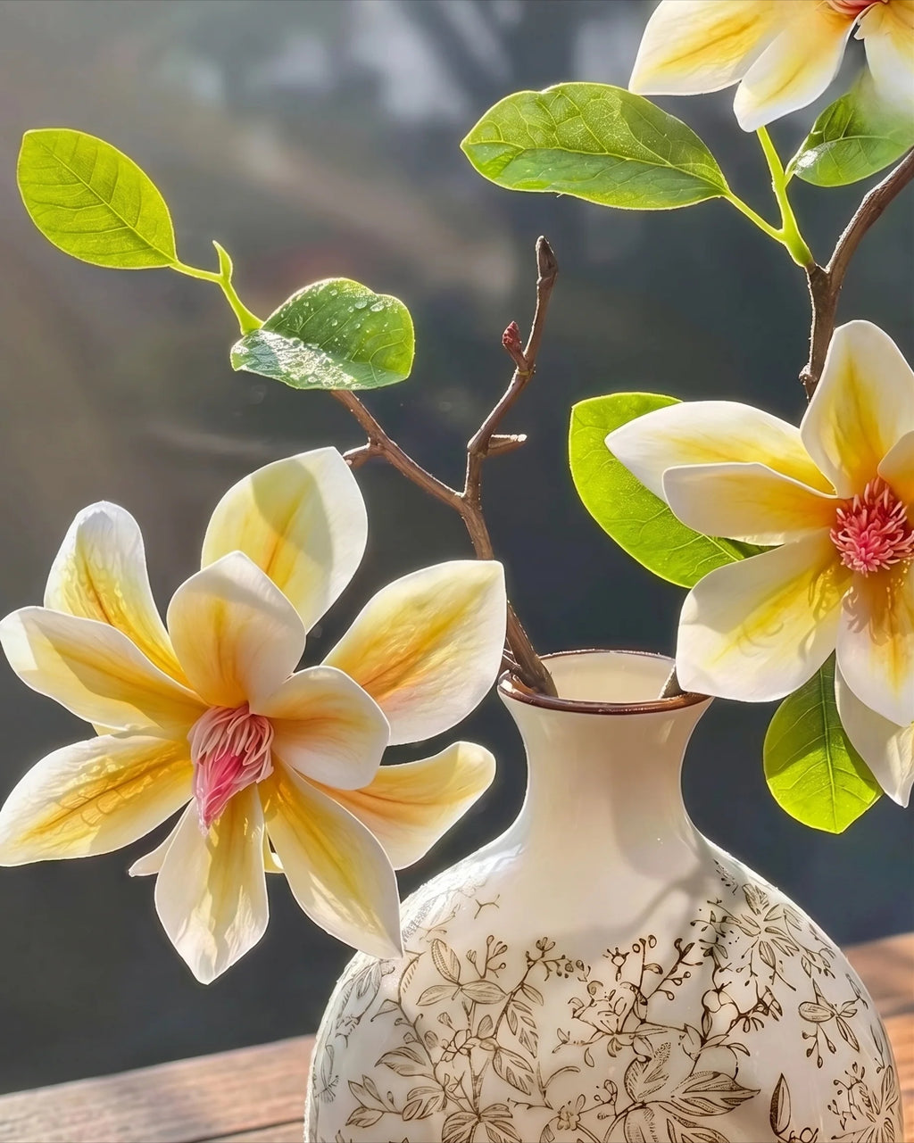 Arrangement floral artificiel Magnolia Jaune Vintage avec Vase