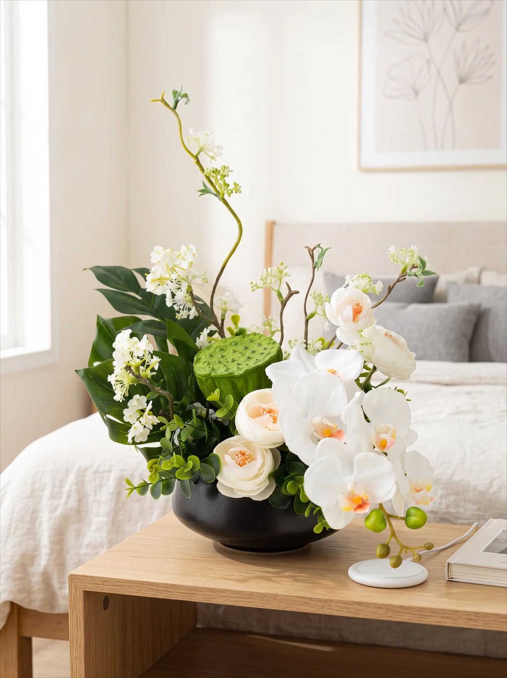 Modern Zen White Orchid & Lotus Pod Artificial Floral Arrangement