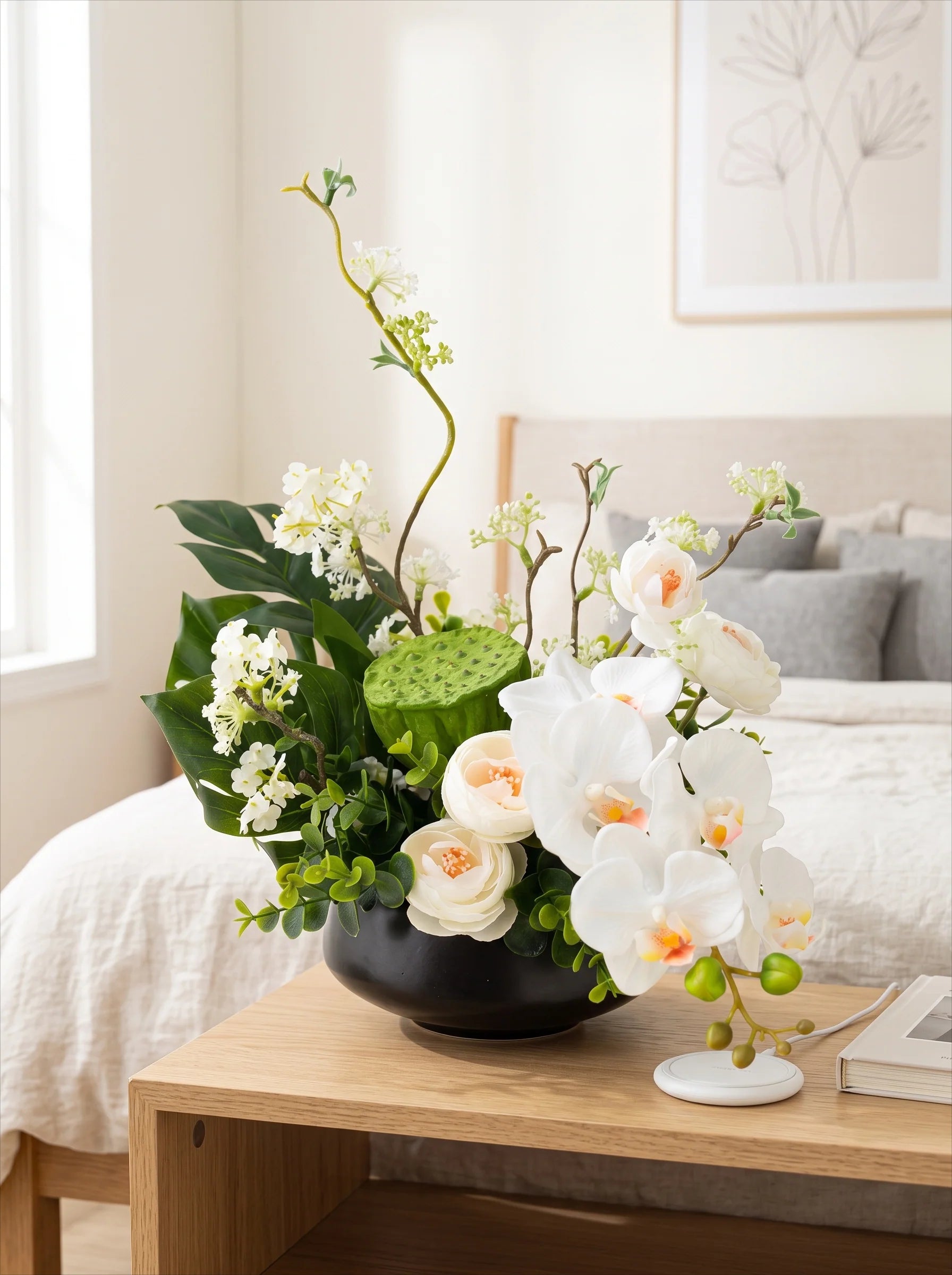 Modern Zen White Orchid & Lotus Pod Artificial Floral Arrangement