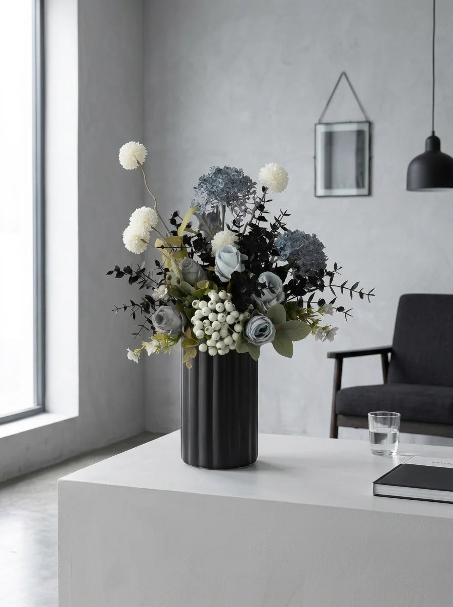 Faux Floral Arrangement - Blue & White Blooms with Dark Foliage