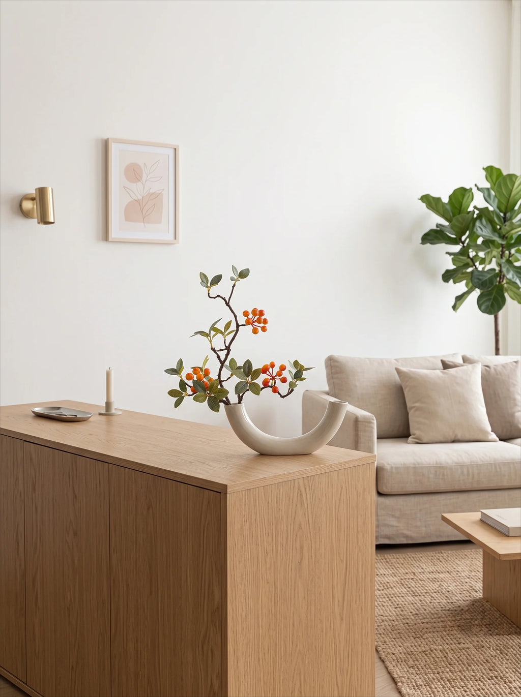 Minimalist Zen Crabapple Branch Luxe Artificial Floral Arrangement