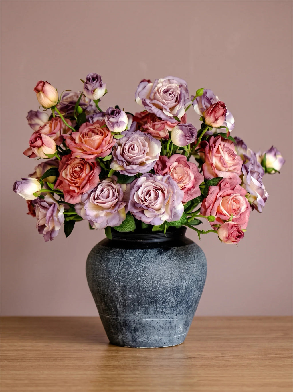 Vintage Hued Pink and Lavender Rose Faux Floral Arrangement