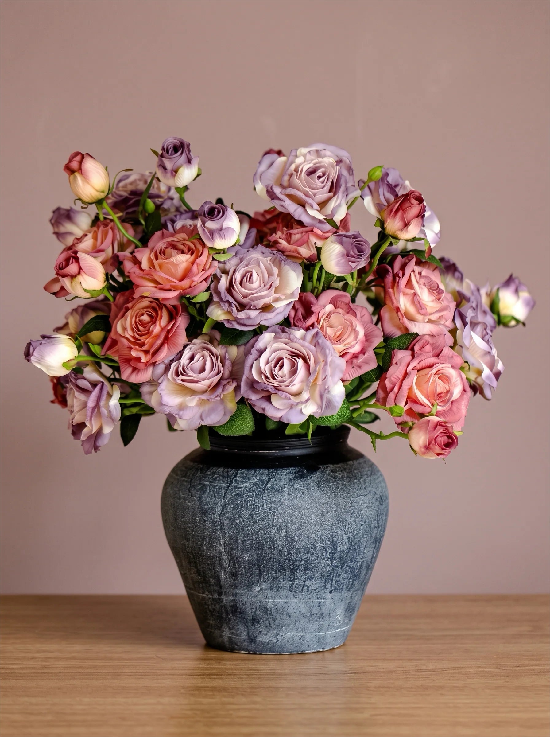 Vintage Hued Pink and Lavender Rose Faux Floral Arrangement