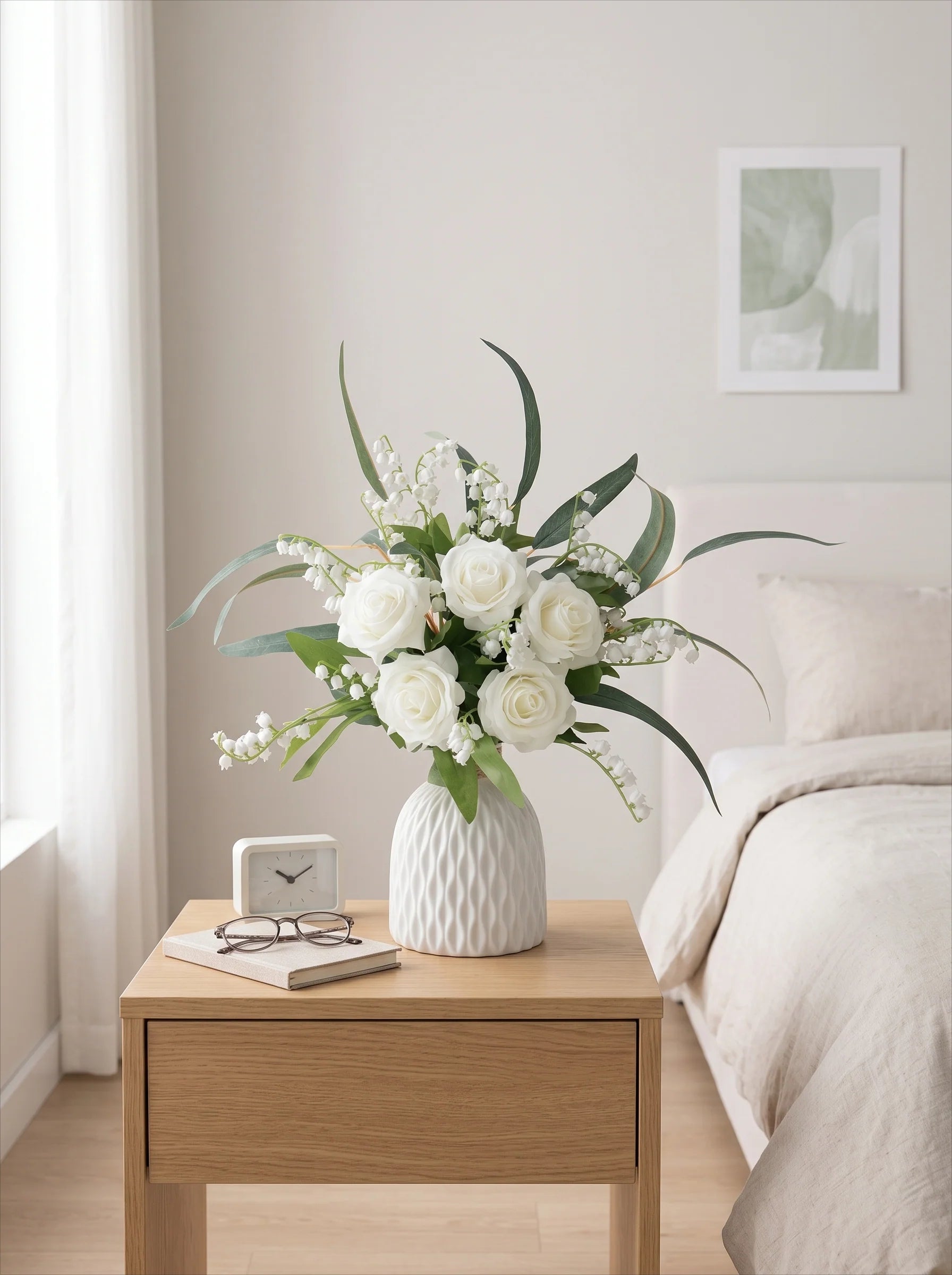 Pure Elegant White Rose & Lily of the Valley Artificial Floral Arrangement
