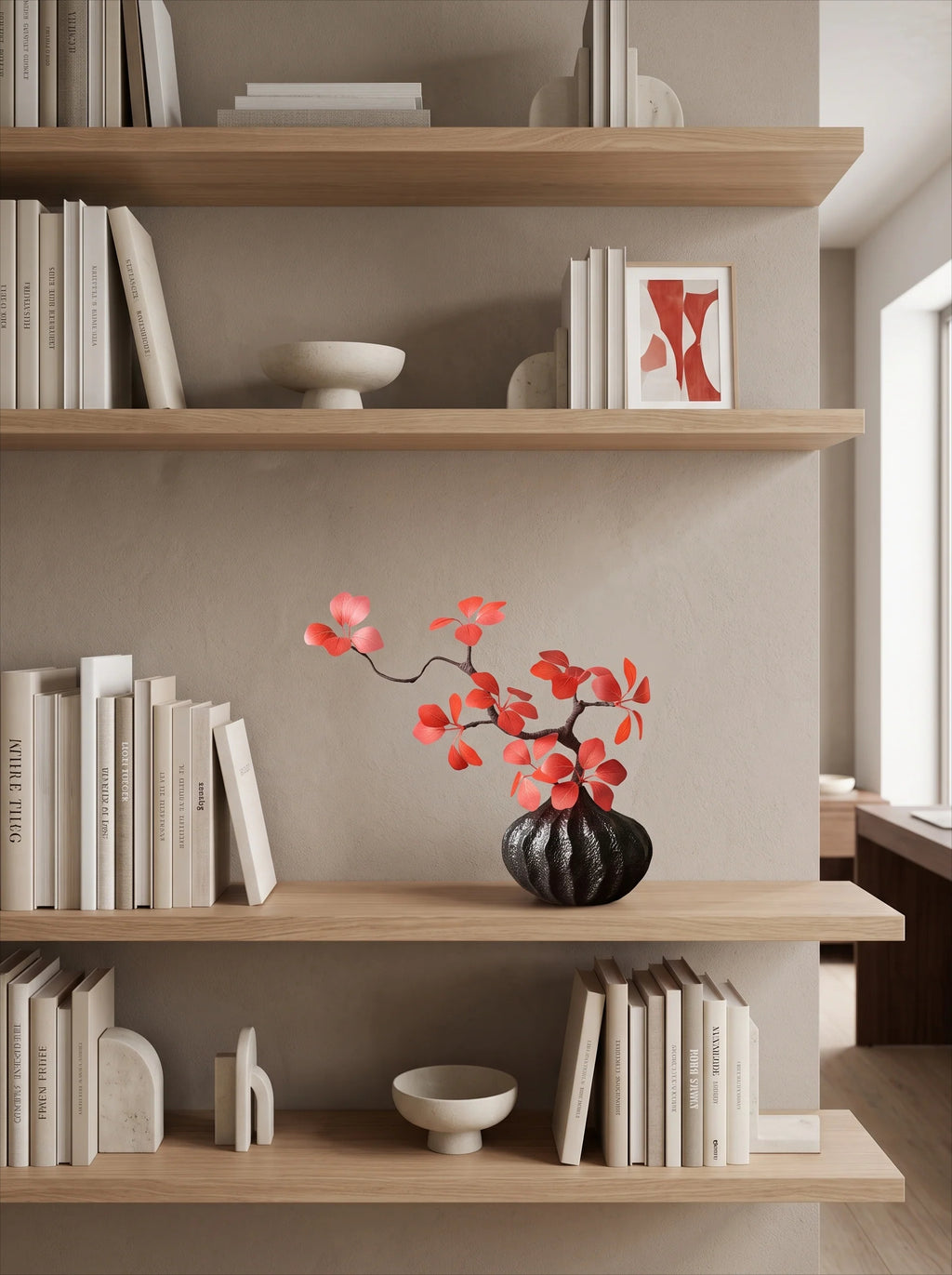 Orientalisches Luxus-Karmesinrotes Blatt Skulpturales Kunstblumenarrangement  