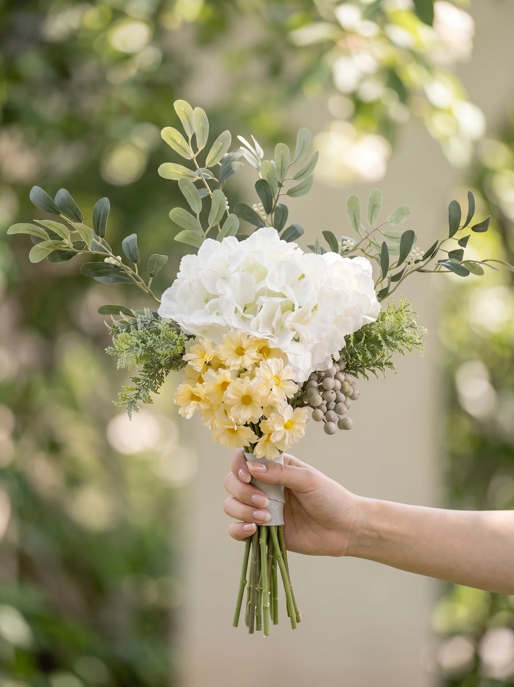 Eucalyptus & White Hydrangea Faux Floral Arrangement