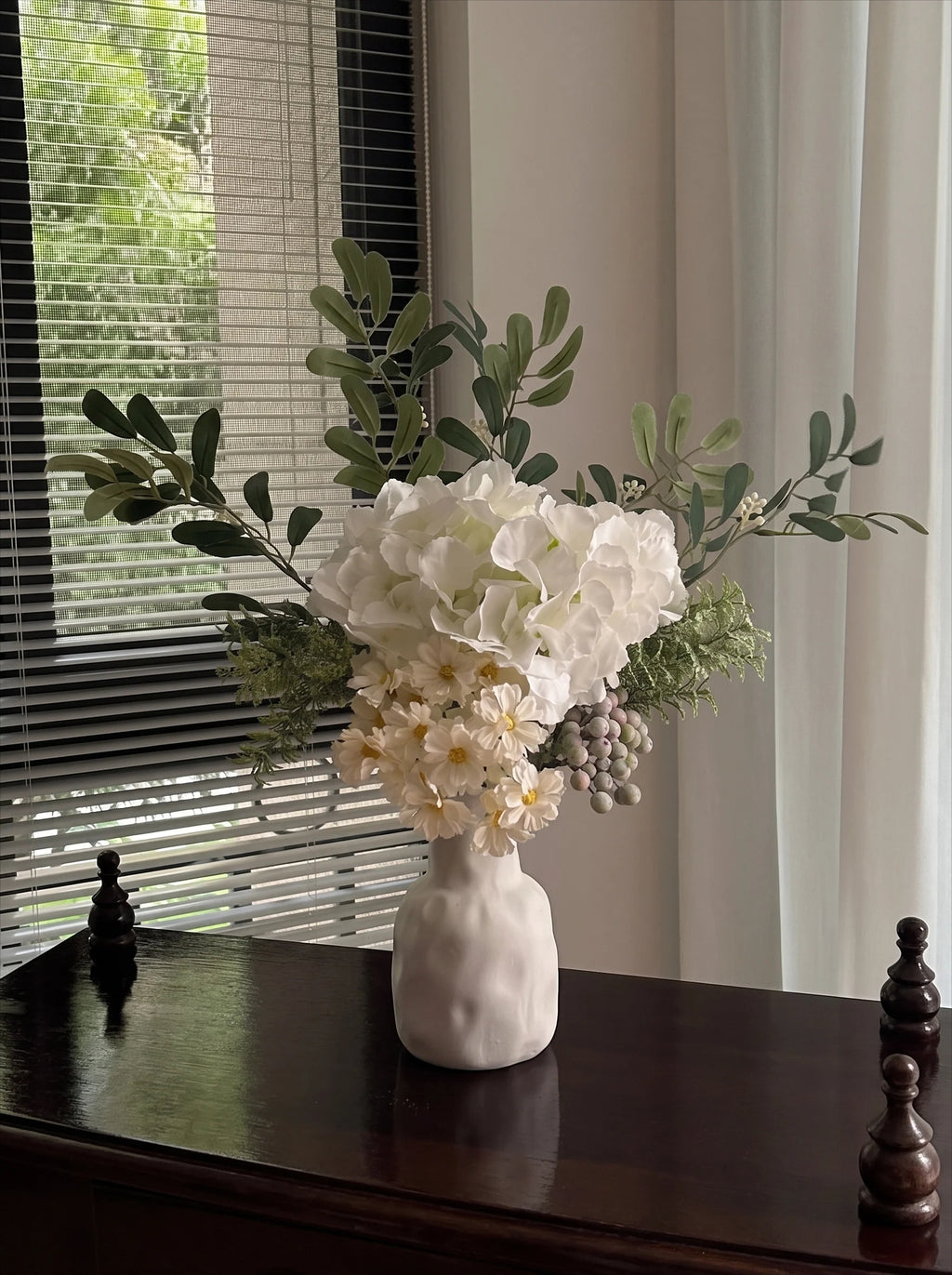 Eucalyptus & White Hydrangea Faux Floral Arrangement