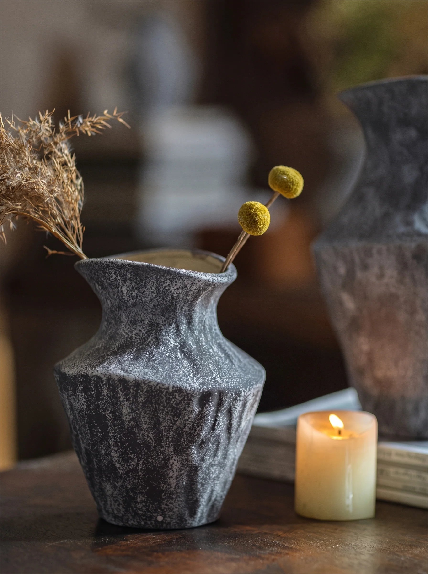 Wabi-Sabi Textured Charcoal Ceramic Artisanal Vase