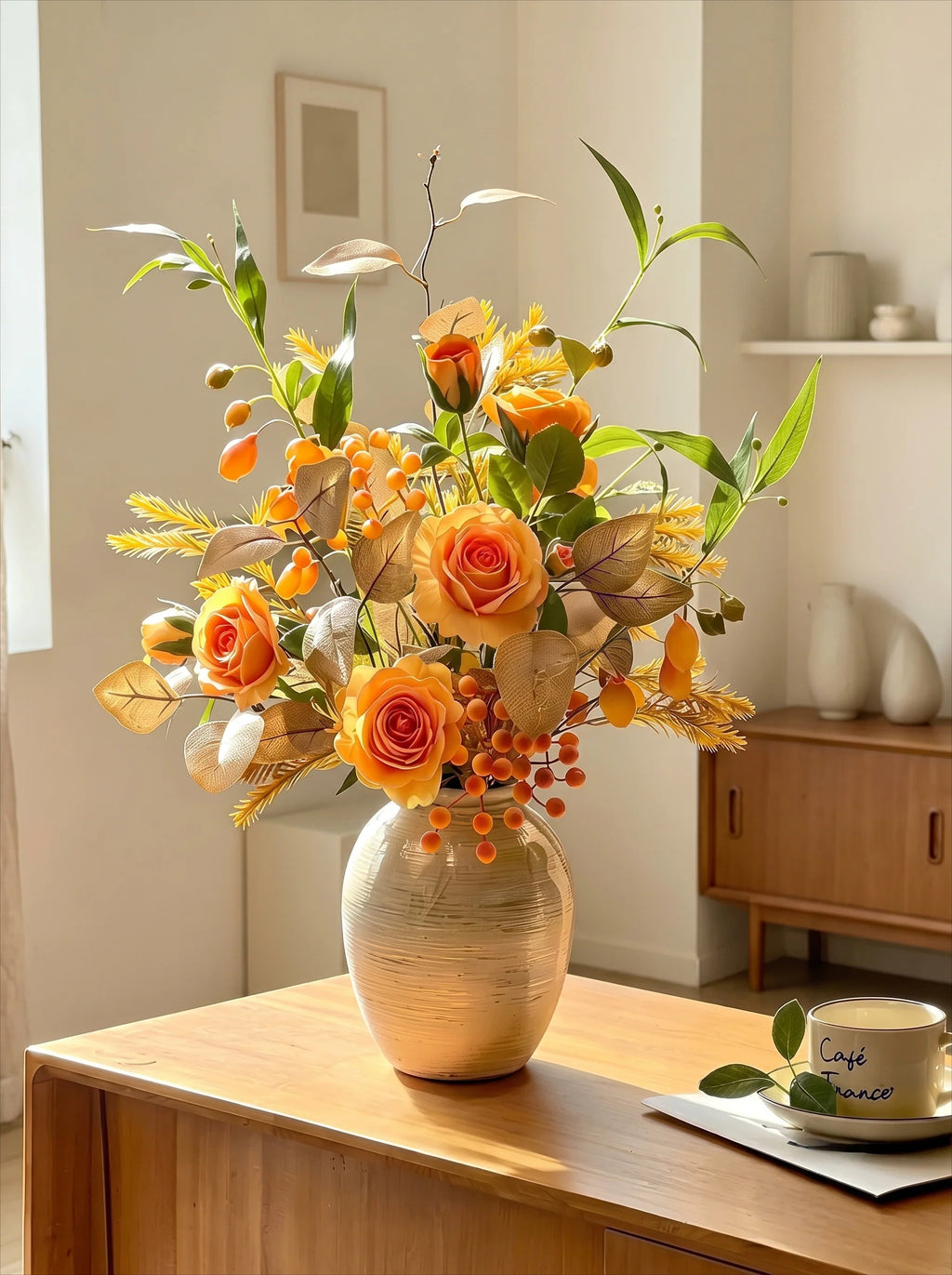 Arrangement floral artificiel Rose Ambre d’Automne Vintage et Baies