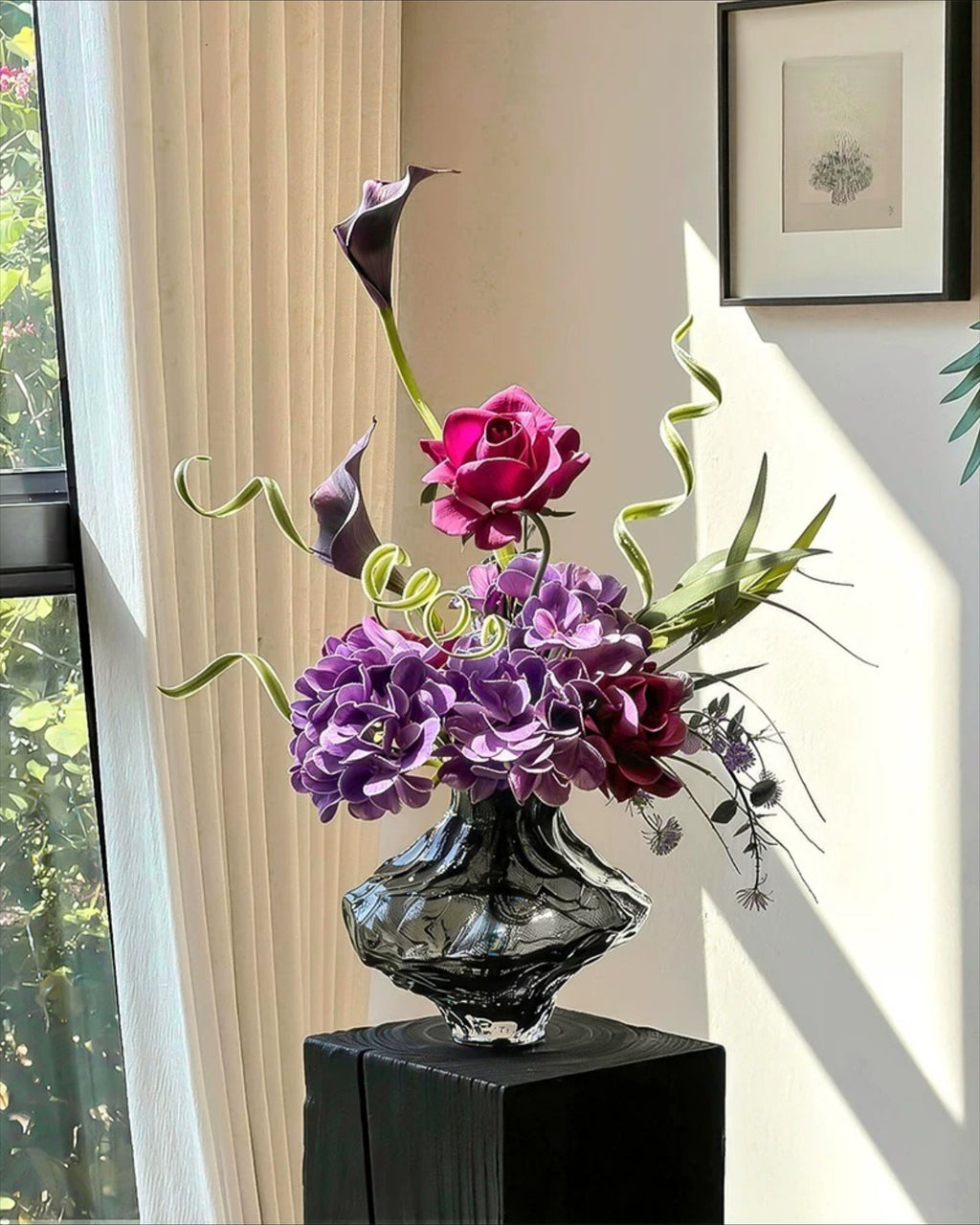 Arrangement floral artificiel Hortensia et Rose Violet Sombre