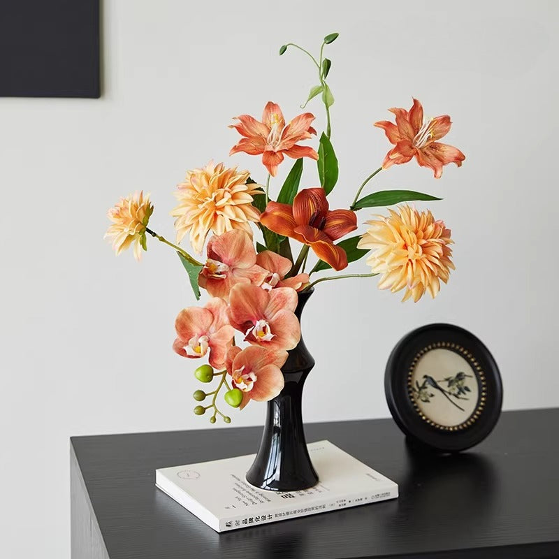 Composition florale fausse Ensemble luxe orchidée et dahlia terre cuite