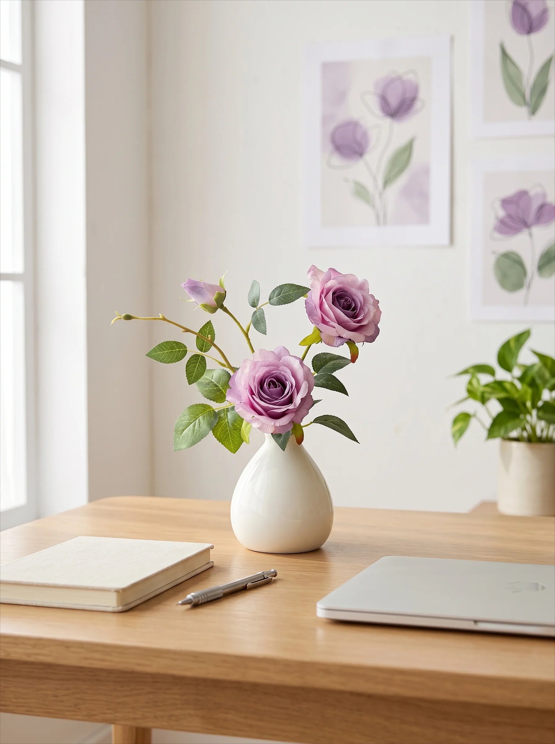 Dusty Lavender Rose Faux Floral Arrangement with Vase