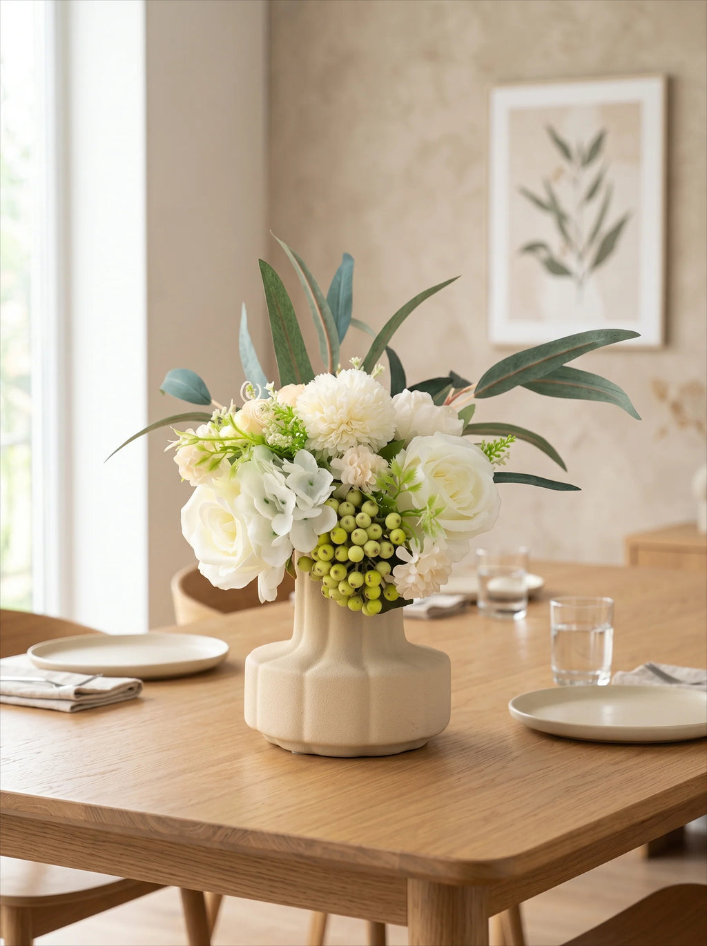 Modern Minimalist White Rose & Berry Artificial Floral Arrangement